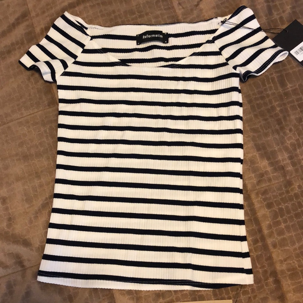 REFORMATION Black and White Striped “Star” Top